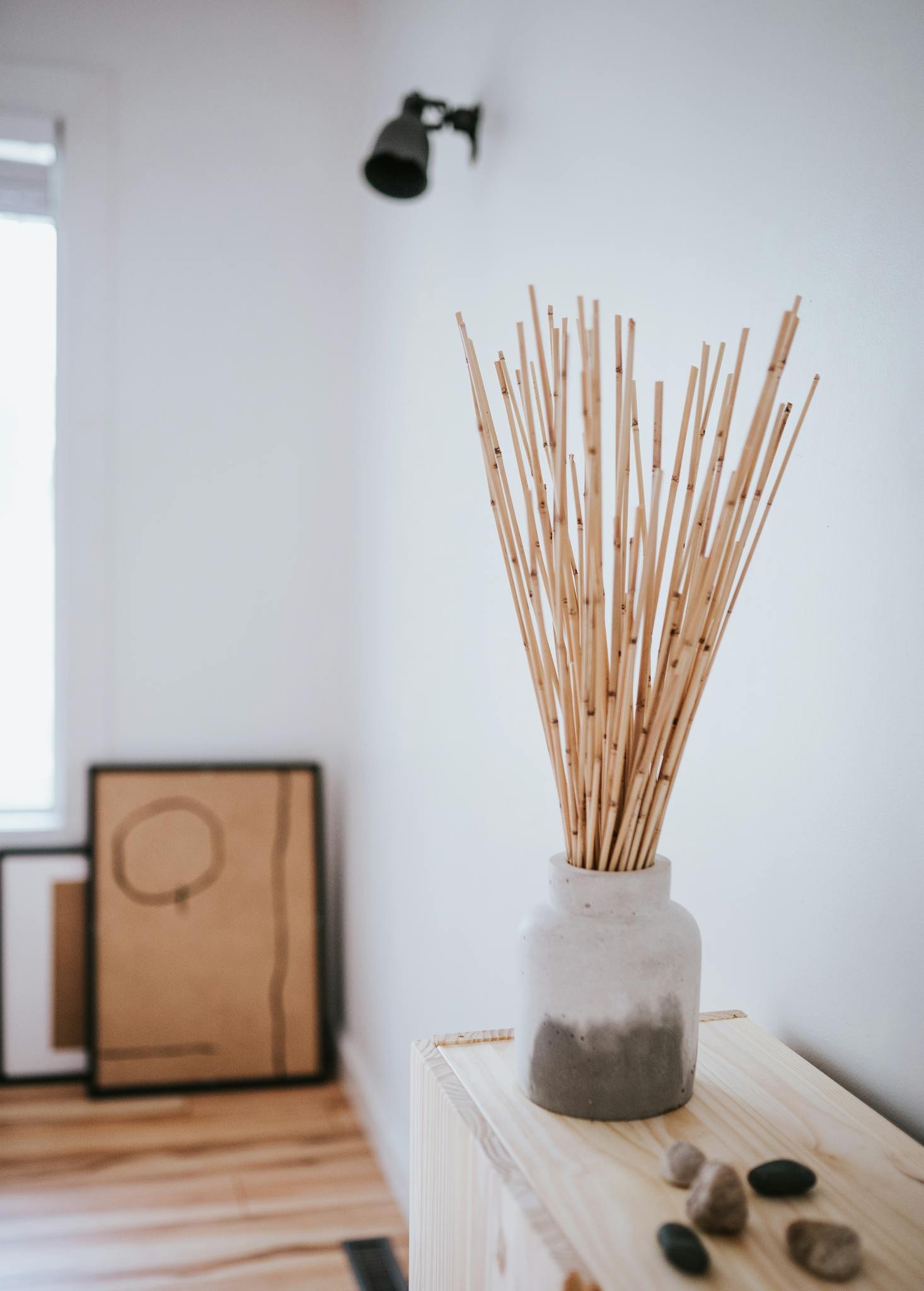 Simple and stylish room features a bamboo vase, stones, and bright lighting.